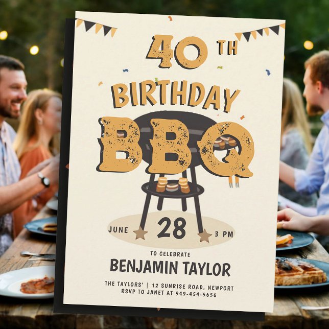 40:e födelsedag Party för manar bakgård, BBQ Rusti Inbjudningar (40th birthday party ideas for men backyard bbq summer outside black yellow orange husband boyfriend )