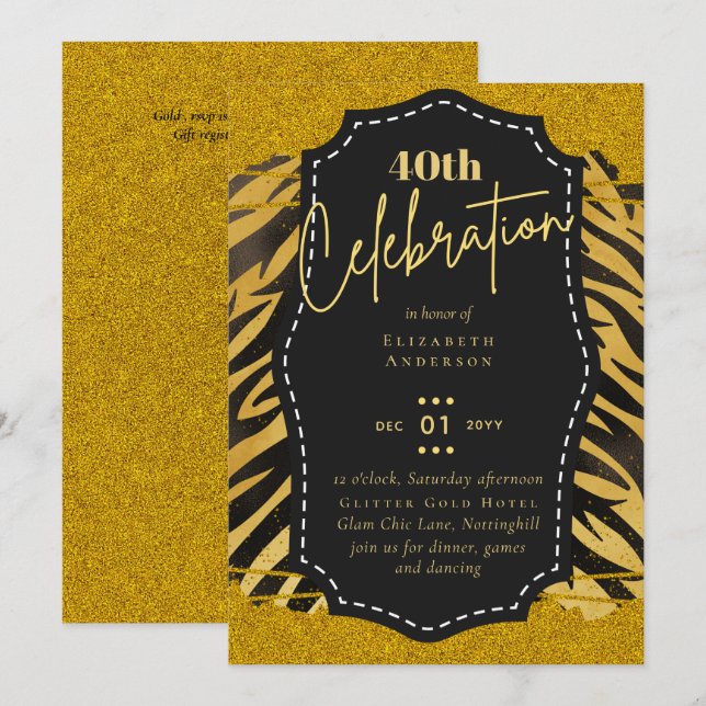 40:e födelsedag Party Guld Djurutskrift Glitter Gl Inbjudningar (Fram/baksida)