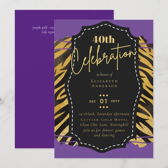 40:e födelsedag Party Guld Djurutskrift Glitter Gl Inbjudningar (Fram/baksida)