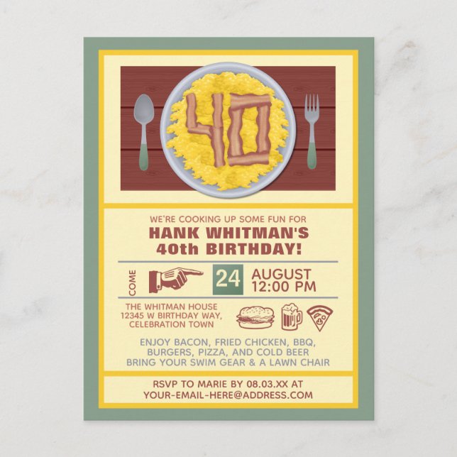 40:e födelsedag Party Manar Funny Bacon Theme Inbjudan Vykort (Framsida)
