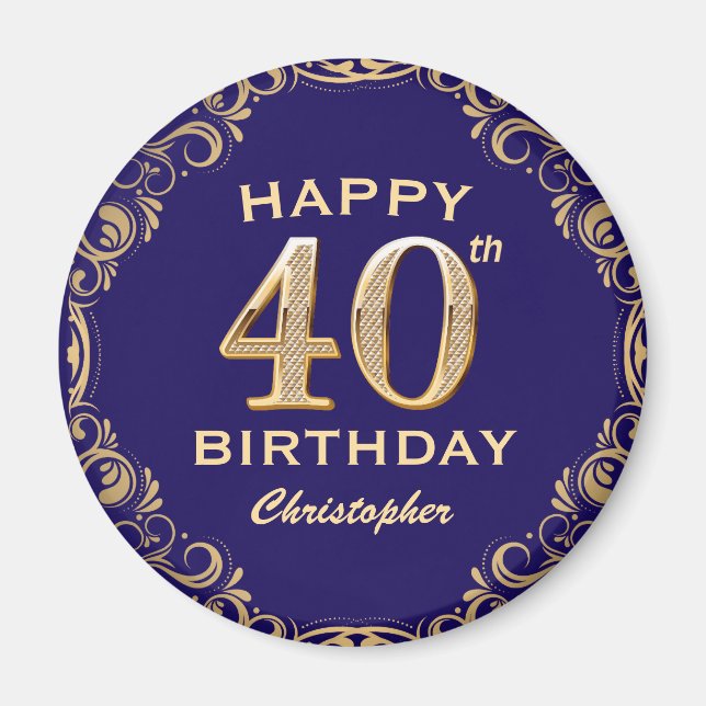 40:e födelsedag Party marinblått och Guld Glitter Magnet (Framsidan)