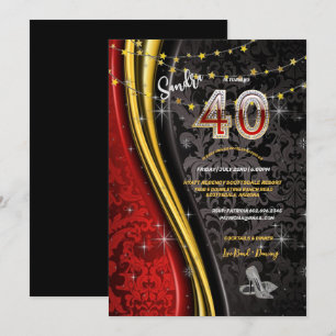 40:e födelsedag Party Red, Guld & Black Swirls Inv Inbjudningar