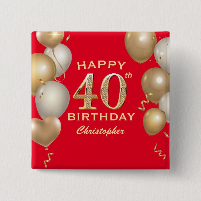 40:e födelsedag Party Red och Guld Knapp (Framsida)