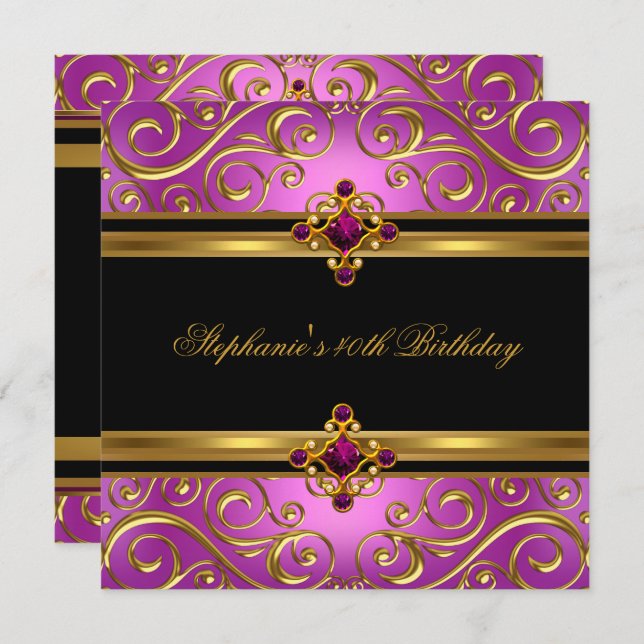 40:e födelsedag Party Rosa Guld Black Blommigt Inbjudningar (Fram/baksida)