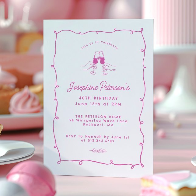 40:e födelsedag Party Rosa Whimsical Doodle Inbjudningar (Skapare uppladdad)