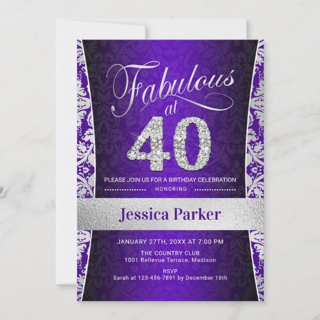 40:e födelsedag Party - Silver Lila Inbjudningar (Framsida)