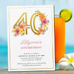 40:e födelsedag Party Söt Blommigt Guld 40 Inbjudningar<br><div class="desc">40:e födelsedag med guld nummer 40 som dekoreras med söt blommor. Utformning av kvinnor och eleganter med vattenfärgsarrangemang för blommigt i skuggor av rosans orange och lila av gult. Perfekt för 40-årsdagen firande,  vår eller sommarfödelsedagslunch,  trädgårdstek party osv.</div>