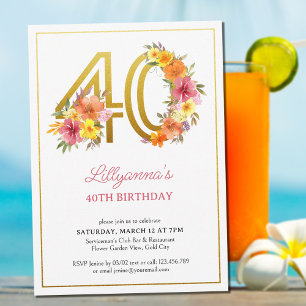 40:e födelsedag Party Söt Blommigt Guld 40 Inbjudningar