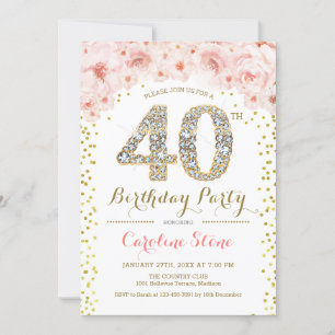 40:e födelsedag Party - Vit Guld Rosa Inbjudningar