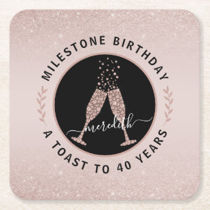 40:e födelsedag Personlig Glitter Champagne Toast Underlägg Papper Kvadrat
