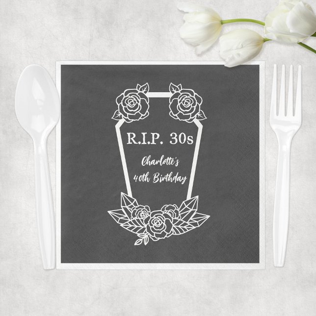 40:e födelsedag Rip 30:e svarta Ro-kaffe Party Pappersservett (40th Birthday Rip 30s Black Roses Coffin Party Napkins
)
