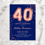 40:e födelsedag - Ro Guld-ballongens flotta Inbjudningar<br><div class="desc">40-årsfestinbjudan. Elegantens utformning i faux glitter ro guld och marinblått. Inbjudan-kortet innehåller 40 ballonger och skriptteckensnitt för ro guld. Perfekt för en snyggt vid firande. Berätta om du behöver anpassningsbarnas ålder.</div>