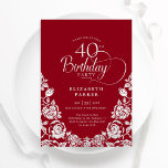 40:e födelsedag Röda Silver Ro Inbjudningar<br><div class="desc">Red silver elegant 40 födelsedagsinbjudan. Klassdesign med ro,  faux silver-folie och typsnitt för typsnitt. Trendig inbjudan-kortets perfekt för en snyggt kvinnlig dag firande. Anpassa med dina egna detaljer. Kan anpassas till vilken ålder som helst. Skrivna Zazzle-inbjudningar eller digital utskrivbar mall för omedelbar nedladdning.</div>