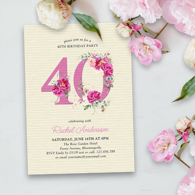 40:e födelsedag Rosa Peony Blommigt 40 Inbjudningar (40th Birthday Invitation with pink floral number 40 - elegant vintage design with roses and peonies)