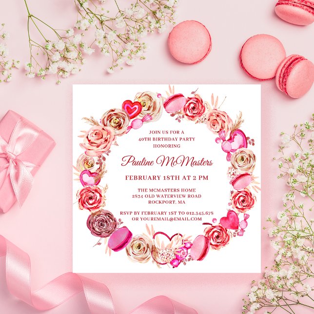 40:e födelsedag Rosa ros Swirly Heart Valentine Inbjudningar (Skapare uppladdad)