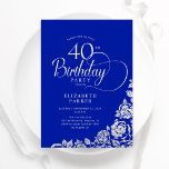 40:e födelsedag Royalet Blått Silver Ro Inbjudningar<br><div class="desc">Enkel inbjudan till 40-dagars festfest i royal Blue och silver. Klassdesign med ro,  faux silver-folie och typsnitt för typsnitt. Trendig inbjudan-kortets perfekt för en snyggt kvinnlig dag firande. Anpassa med dina egna detaljer. Kan anpassas till vilken ålder som helst. Skrivna Zazzle-inbjudningar eller digital utskrivbar mall för omedelbar nedladdning.</div>