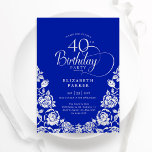40:e födelsedag Royalet Blue Silver Ro Inbjudningar<br><div class="desc">Royalets blåa silver elegant 40-årsfest inbjudan. Klassdesign med ro,  faux silver-folie och typsnitt för typsnitt. Trendig inbjudan-kortets perfekt för en snyggt kvinnlig dag firande. Anpassa med dina egna detaljer. Kan anpassas till vilken ålder som helst. Skrivna Zazzle-inbjudningar eller digital utskrivbar mall för omedelbar nedladdning.</div>