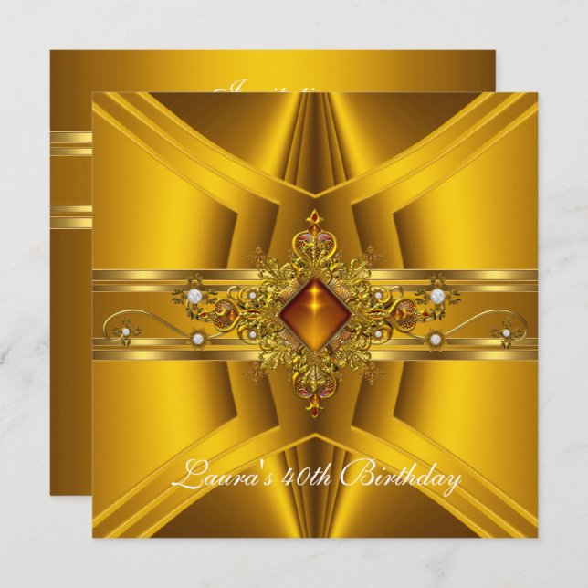 40:e födelsedag Royalet Elegant Gult Guld judel 2 Inbjudningar (Fram/baksida)