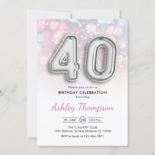 40:e födelsedag - Silver-ballonger Rosa Ljus Inbjudningar