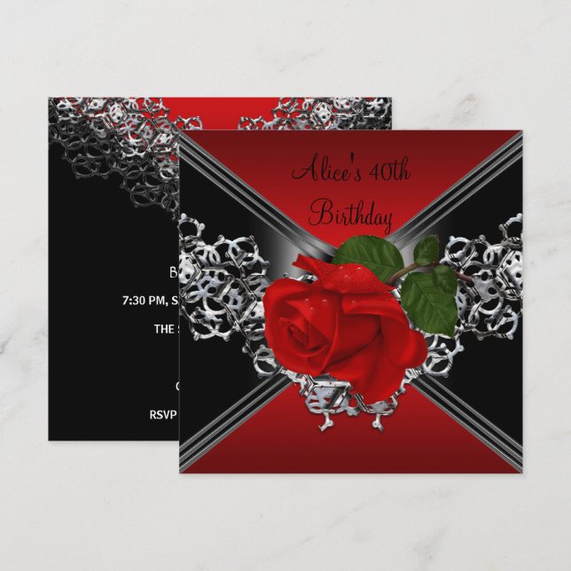 40:e födelsedag Snöre Svarta vita Silver Röd ros Inbjudningar (Fram/baksida)