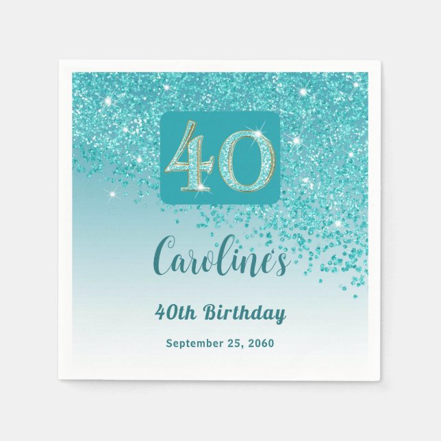 40:e födelsedag Söt Teal Blue Glitter Napkins Pappersservett (Framsidan)