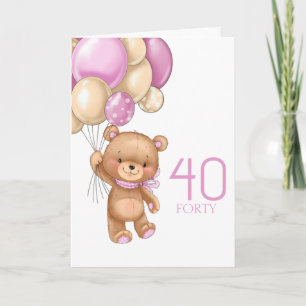 40:e födelsedag söta rosa-ballonger, teddykarkort kort