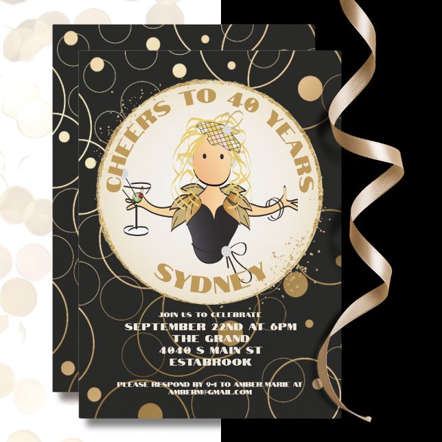 40:e födelsedag vid Svarta Guld Glitter Fabulous B Inbjudningar (Skapare uppladdad)