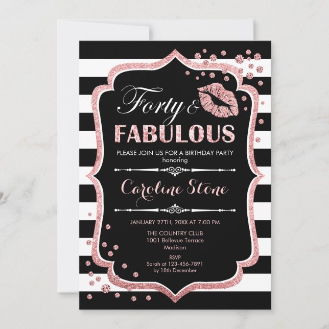 40:e födelsedagen - 40:e Fabulous Black Ro Guld Inbjudningar (Framsida)