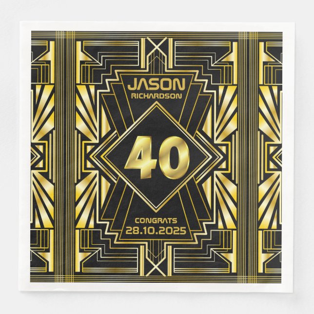 40:e födelsedagen Art Deco Guld Black Underbar Gat Pappersservett (Framsida)