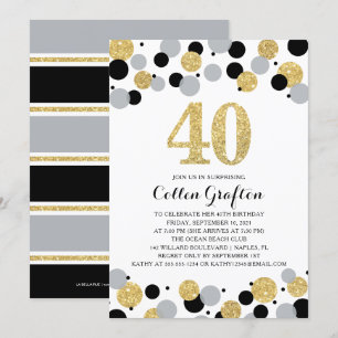 40:e födelsedagen Black Guld Grått Glitter Confett Inbjudningar