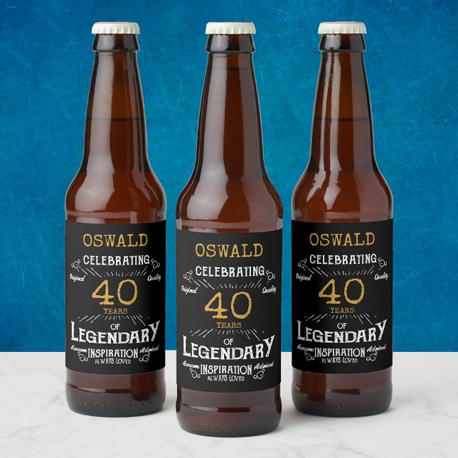 40:e födelsedagen Black Guld Legendary Funny Ölflaska Etikett (A personalized elegant 40th birthday beer bottle label)