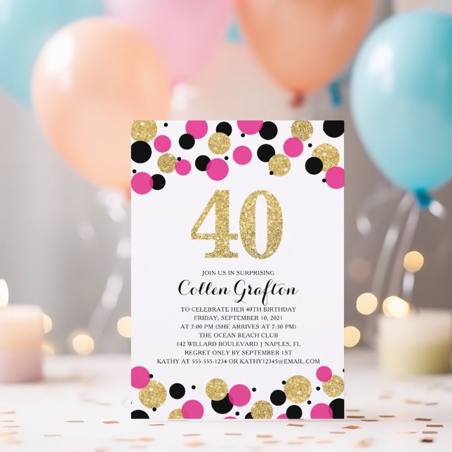 40:e födelsedagen Black Shock rosa Guld Glitter Co Inbjudningar (Skapare uppladdad)