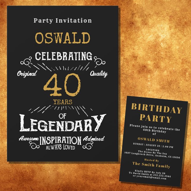 40:e födelsedagen Born Legendary Black Guld Retro Inbjudningar (For those celebrating their 40th birthday we have the ideal birthday party invitation)