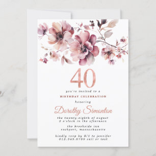 40:e födelsedagen Burgundy Dusty Rosa Blommigt Inbjudningar