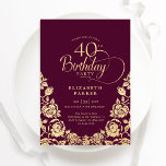 40:e födelsedagen Burgundy Guld Ro Inbjudningar<br><div class="desc">Burgundy guld elegant 40-årsfestinbjudan. Klassdesign med ro,  faux guld-folie och typsnitt för typsnitt. Trendig inbjudan-kortets perfekt för en snyggt kvinnlig dag firande. Anpassa med dina egna detaljer. Kan anpassas till vilken ålder som helst. Skrivna Zazzle-inbjudningar eller digital utskrivbar mall för omedelbar nedladdning.</div>