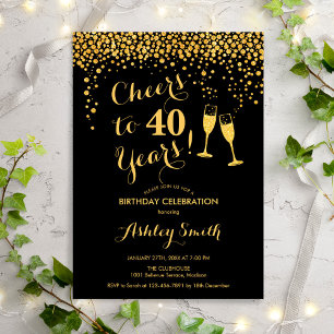 40:e födelsedagen - Cheers to 40 Years Guld Black Inbjudningar