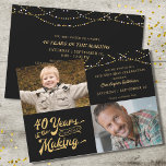 40:e födelsedagen då och nu Foton String Ljus Inbjudningar<br><div class="desc">Inbjudan dina gäster med denna 40:e födelsedagsbjudan i svart och guld med ljus med sträng med återtypografi som anger 40 ÅR IN THE SKAPAR som integrerar deras födelseår i designen. Inkludera DÅ- och NU-foton för en inbjudan till roligt. Information om gruppinbjudan finns på baksidan. ASSISTANS: Om du vill ha hjälp...</div>