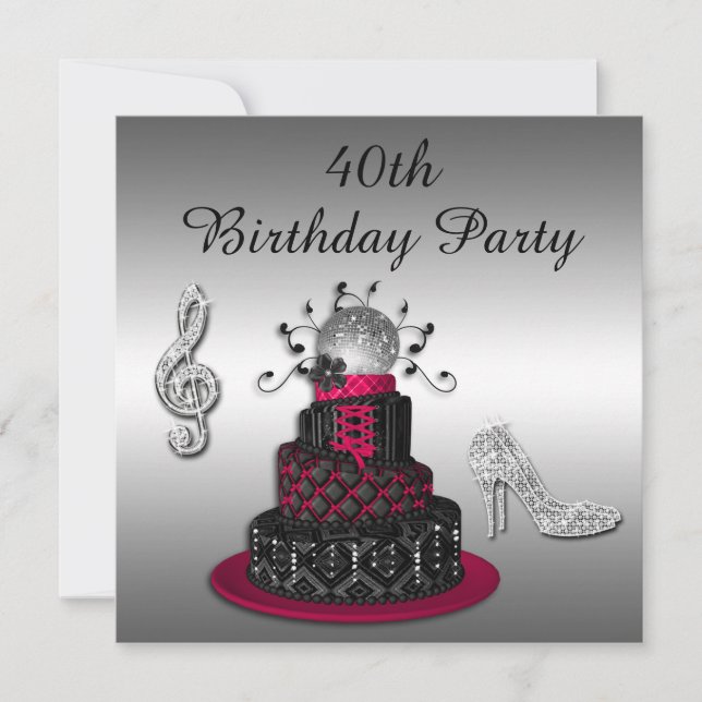 40:e födelsedagen Disco Diva Cake and Gnistra Heel Inbjudningar (Framsida)