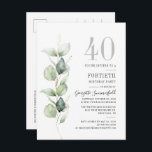 40:e födelsedagen Eucalyptus Botaniska Party Inbjudan Vykort<br><div class="desc">Det skulle kunna bli en överraskning för party eller ännu ett speciellt årtionde. Denna 40-åriga inbjudan till fester med en eukalyptus grey design med modern populär typografi kan lätt redigeras till kostym på årsdagen eller årsdagen firande. Du kan ändra ordalydelsen, födelsedagsinformationen och bakgrunden till färg genom att klicka på knappen...</div>