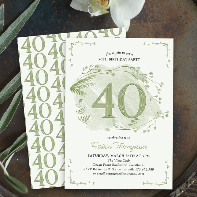 40:e födelsedagen Grönt Djuren Wildblomnummer 40 Inbjudningar (40th Birthday Invitation - buy professionally printed or as digital download for printing or sharing)