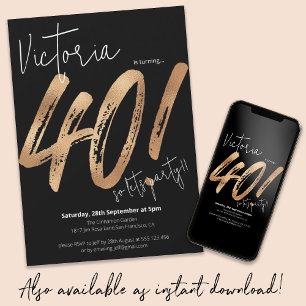 40:e födelsedagen Guld Black Sassy Modern Minimali Inbjudningar
