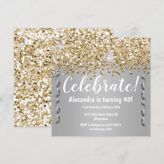 40:e födelsedagen guld Glitter och Metallic Silver Inbjudningar