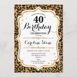 40:e födelsedagen - Guld Leopard Skriv ut Inbjudningar