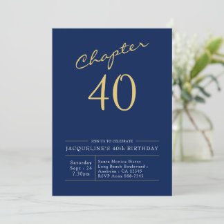 40:e födelsedagen Guld Modern Script Blue Inbjudningar