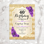 40:e födelsedagen - Guld Rand Lila Ro<br><div class="desc">40:e födelsedagsinbjudan. Elegantens utformning i guld och lila. Funktioner faux glitter guld rand,  lila ro snyggt script font och confietti. Perfekt för en glam-födelsedagsfest.</div>
