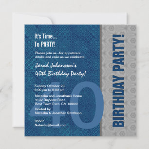 40:e födelsedagen i Party Modern Blue och Silver S Inbjudningar