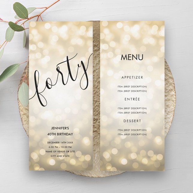 40:e födelsedagen Menu Guld Glitter Ljus Inbjudningar (40th Birthday Menu Gold Glitter Lights Invitation)