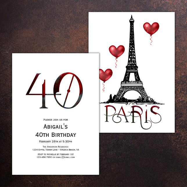 40:e födelsedagen Paris, Eiffel Torn, Red Balloons Inbjudningar (Skapare uppladdad)