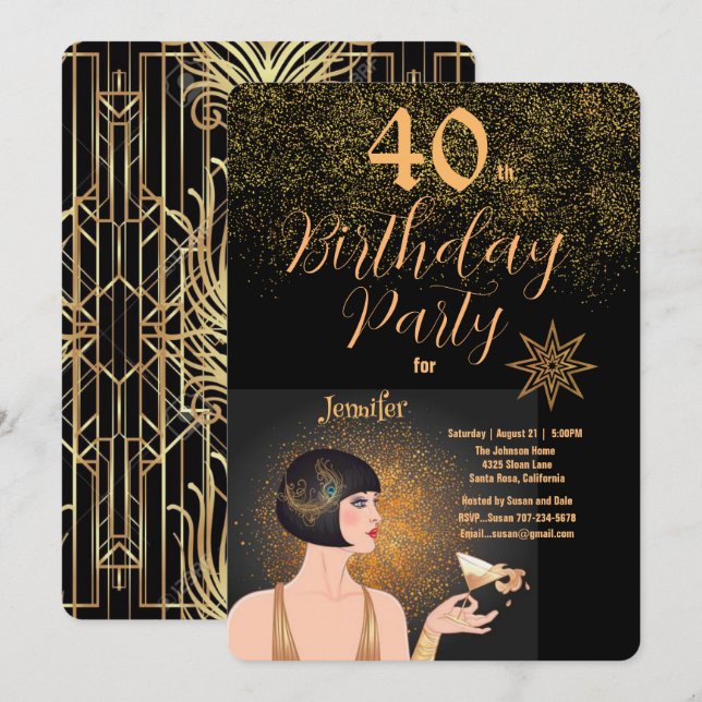 40:e födelsedagen Party Art Deco Black & Guld Inbjudningar (Fram/baksida)