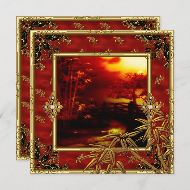 40:e födelsedagen Party Asian View Guld Bamboo Red Inbjudningar (Fram/baksida)